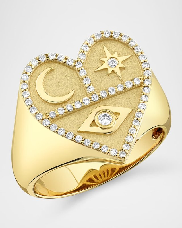 14K Yellow Gold Heart Icons Signet Ring with Diamonds